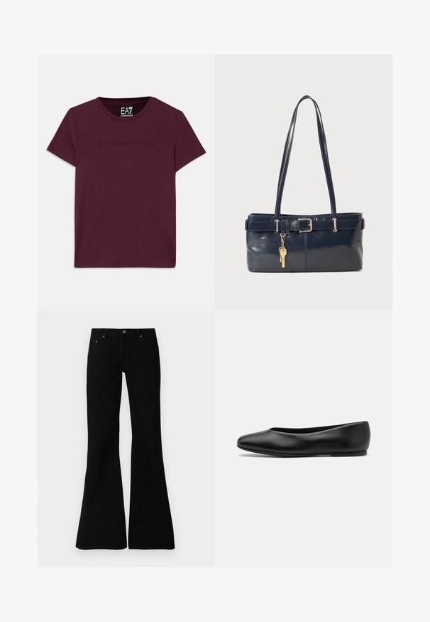 Chaqueta acolchada azul marino con capucha, que cuenta con dos bolsillos frontales, un cierre de cremallera y secciones texturizadas con acolchado. Diseño ligero.; Camiseta de algodón burdeos con mangas cortas, cuello redondo y logo bordado EA7 Emporio Armani en el frontal. Corte clásico.; Jeans negros acampanados de denim, con un diseño clásico de cinco bolsillos, cierre de botón y detalles de costura sutiles a lo largo de las costuras.; Paul Smith TOPANGA - Bailarinas - black; Bolso de mano de cuero navy con dos asas largas, un detalle de hebilla y un llavero adjunto. Presenta una textura suave y una forma rectangular.