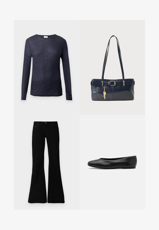 Casaco tipo puffer azul marinho com capuz, apresentando dois bolsos frontais, fecho com zip e secções acolchoadas texturizadas. Design leve.; T-shirt de manga longa azul-marinho com decote redondo, textura suave, tecido leve e um corte descontraído. Etiqueta da marca visível no decote.; Saias de ganga pretas, estilo flare, com um design clássico de cinco bolsos, fecho de botão e detalhes de costura sutis ao longo das costuras.; Paul Smith TOPANGA - Sabrinas - black; Bolsa de couro azul-marinho com duas alças longas, um detalhe de fivela e um porta-chaves anexado. Apresenta uma textura suave e uma forma retangular.