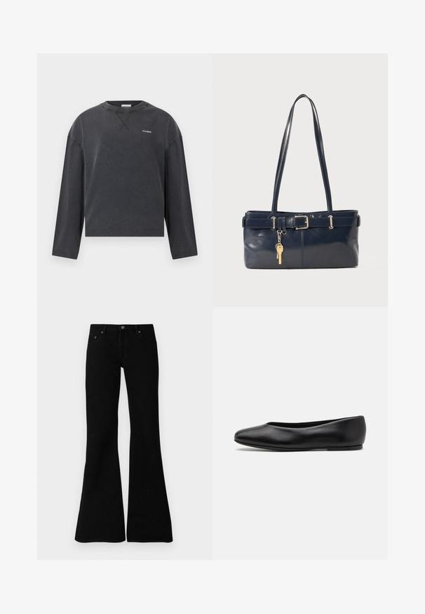 Laivastonsininen puhvitakki huppulla, jossa on kaksi etutaskua, vetoketjukiinnitys ja teksturoitu peitelty rakenne. Kevyt malli.; CLOSED CREWNECK LONGSLEEVE - Pitkähihainen paita - black; Musta leveälahkeinen farkut, jotka on valmistettu denimistä, ominaisuuksina klassinen viidentaskujen muotoilu, nappisulku ja hienovaraiset ompeluyksityiskohdat saumoissa.; Paul Smith TOPANGA - Ballerinat - black; La handbagin sininen nahka, jossa on kaksi pitkää kahvaa, Buckle-yksityiskohta ja avaimenperä kiinnitettynä. Sen pinta on sileä ja muoto on suorakulmainen.