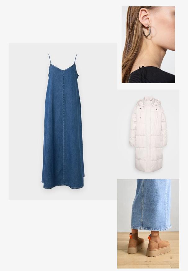 Pikk, heledast roosast värvitud soojad vest, millel on kapuuts, kõrge krae, kütikud ja esine tõmblukk.; Denim maxi kleit õhukeste spagetiträäkide, V-kaeluse ja sirge siluetiga. Omab helesinist pesu ja nähtavat õmbluse detaili.; Pruunid nahatooted platvormikontsad elastsete külgpaneelidega ja oranžide tõmbetuttidega, koos puusani ulatuva heleda denim-seelikuga puidust põrandal.; Hõbedane rõngas kõrvarõngas poleeritud viimistlusega, millel on väikesed kuldsed aktsendid ja ümmargune kuju, kantud lobus.