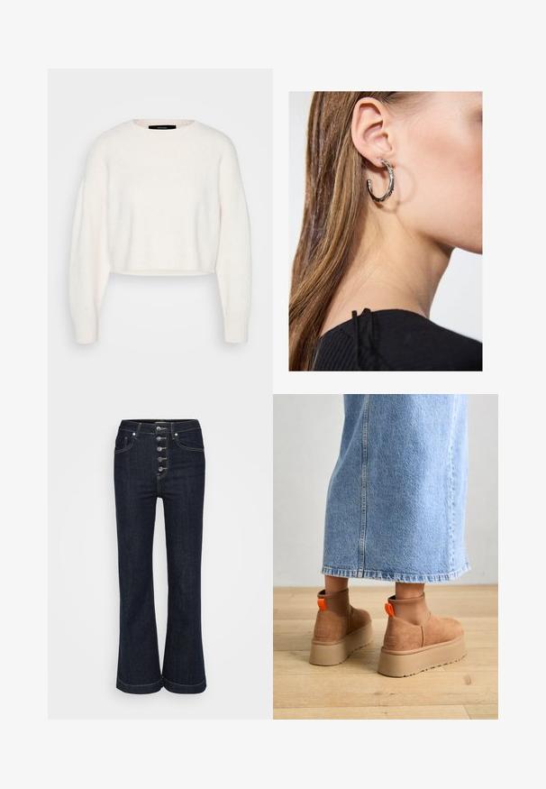 Hosszú, világos rózsaszín, steppelt télikabát kapucnival, magas gallérral, húzózsinórokkal és elülső cipzárral.; Fehér, rövidített pulóver, puha anyagból készült, kerek nyakkivágással és hosszú, enyhén túlméretezett ujjakra szerelt bordás mandzsettával.; Sötétkék, magas derekú, harangszárú farmernadrág, melynek elején öt ezüstgomb található, és kontrasztos varrás díszíti a zsebeket és az varrásokat.; Barna velúr platform csizmák elasztikus oldalsó panelekkel és narancssárga húzófülekkel, amelyek egy térdközépig érő világoskék farmer szoknyával vannak párosítva egy fás padlón.; Ez egy ezüst fülbevaló, sima felülettel, amelyen apró arany díszítőelemek találhatók. Kerek formájú és a fülcimpán viselik.