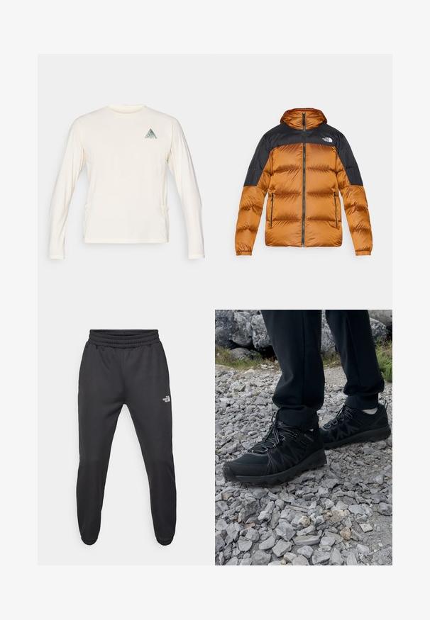 Pufferjack in roestoranje en zwart, met een ritssluiting aan de voorkant, capuchon, gequiltde textuur en dubbele zijzakken. Logo op de linkerborst.; Lange mouw beige shirt gemaakt van zachte stof, met een driehoekige grafische patch op de linkerborst en zijzakken.; Zwarte sweatpants met een trekkoord in de taille, tapered fit, elastische boorden en een klein wit logo op de linker dij, gemaakt van gladde stof.; Zwarte buitenschoenen van mesh en synthetisch materiaal, met een gestructureerd bovenwerk, een beveiligd vetersysteem en een robuuste zool, op een ruig terrein.