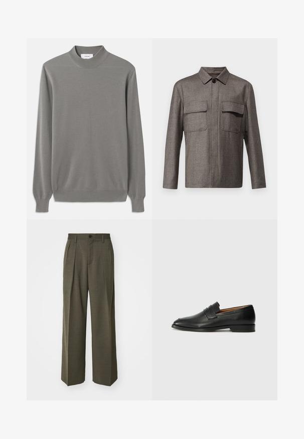 LARDINI GIACCA CAMICIA UOMO - Casaco leve - black/white; Suéter cinza de malha com gola alta, mangas compridas e punhos canelados. Tecido texturizado com um padrão subtil por todo o lado.; Filippa K WIDE TROUSERS - Calças - driftwood; Sapatilha de couro preta com biqueira arredondada, detalhes cosidos discretos e um salto baixo, apresentando uma textura suave e um design minimalista.