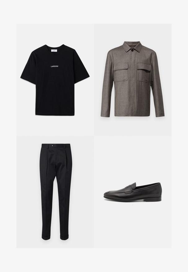 LARDINI GIACCA CAMICIA UOMO - Casaco leve - black/white; T-shirt preto de mangas curtas, feito de algodão, com um decote redondo e um logótipo impresso em branco "LARDINI" no peito. Design simples e sem adições.; Calças pretas feitas de um tecido suave, com um vinco na frente, fechamento com botão e punhos dobrados no tornozelo.; Sapatilha masculina em couro preto, com salto baixo e um design clássico com tira de moeda, apresentada em perfil lateral sobre um fundo branco.
