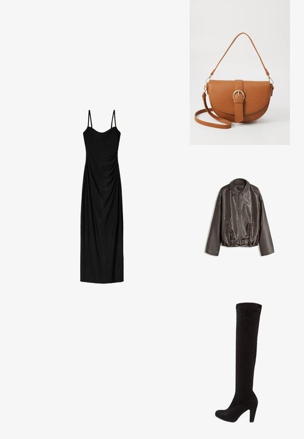 Brun läderjacka med en mjuk textur, oversize-passform, krage, blixtlåsfickor och midja med bälte för extra detalj.; Svart midiklänning med tunna justerbara axelband, med en draperad design och slät textur. Inga synliga mönster eller utsmyckningar.; Svarta stövlar över knäna i mjukt mocka, med en figursydd design och en hög, kraftig klack. Slät yta med minimal hårdvara.; Brun läder crossbody-väska med en böjd form, gyllene detaljer och en spänneaccent. Har en avtagbar axelrem.