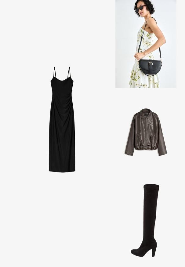 Hnedá kožená bunda s hladkou textúrou, nadrozmerným strihom, golierom, zipsovými vreckami a opaskom v páse pre pridaný detail.; Čierne midi šaty s tenkými nastaviteľnými ramienkami, s prekrývajúcim sa dizajnom a hladkou textúrou. Žiadne viditeľné vzory ani zdobenie.; Čierne nadkolienkové čišmy z jemného semišu, s priliehavým strihom a vysokým masívnym podpätkom. Hladký povrch s minimálnym hardvérom.; Čierna kožená kabelka s zaobleným tvarom, odnímateľným popruhom a zlatými doplnkami. Kabelka má klopu s detailom s prackou.