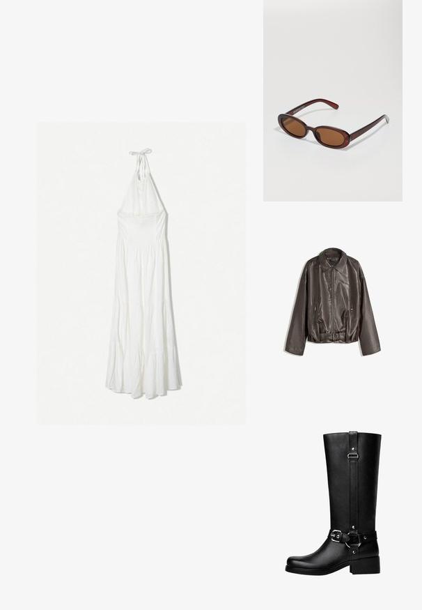 Barna bőrkabát sima textúrával, oversized fazonnal, gallérral, cipzáras zsebekkel és övvel a részletek fokozására.; Fehér, nyakpántos maxi ruha, smockolt top rész, réteges szoknya és könnyű anyag, ami ideálissá teszi meleg időjárásra.; Magas fekete műbőr csizma lekerekített orral, kiemelkedő övcsattal és vastag sarokkal. Sima textura és függőleges varrás a szárán.; Kerek, barna árnyalatú napszemüveg fényes burgundi kerettel. Karcsú karok diszkrét márkázással. Lapos lencse kialakítás.; Barna szőtt bőr kézitáska, amely laza, háromszög alakú. Fonott füllel és felső cipzárral rendelkezik.