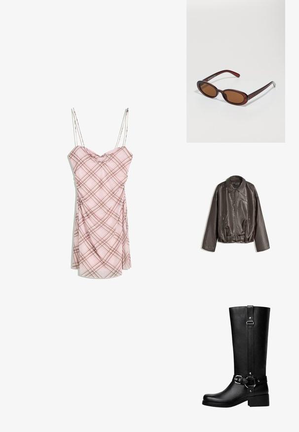 Rjava usnjena jakna z gladko teksturo, oversized kroj, ovratnik, žepi na zadrgo in pasom za dodatno detajliranje.; Rožnata karirana obleka s tankimi naramnicami, ki ima zbrano telo, rahlo drapiranje na krilu in gladko teksturo tkanine.; Visoke črne škornje iz umetnega usnja z zaobljenim nosom, poudarjenim detajlom pasovine in debelim peto. Gladka tekstura in vertikalni šiv na šktrbici.; Okrogle, rjavo obarvane sončne naočare z sijočim burgundskim okvirjem. Tanek nosilec s subtilnim logotipom. Oblika leč je ravna.; Rjava tkana usnjena torbica s sproščenim, trikotnim oblikovanjem. Ima pleten ročaj in zadrgo na vrhu.