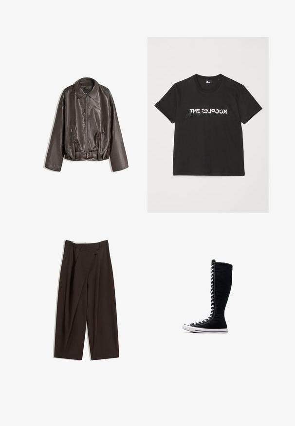 Hnědá kožená bunda s hladkou strukturou, oversized střihem, límcem, zipovými kapsami a páskem v pase pro dodatečný detail.; Černé bavlněné tričko s krátkým rukávem, na přední straně se tiskne bílý a šedý design "THE 2LOOK". Klasický kulatý výstřih.; Tmavě hnědé široké kalhoty s vysokým pasem, vybavené jedním tlačítkem na zapínání a plisovaným předním dílem. Vyrobené z lehkého materiálu.; Černé vysoké tenisky s vysokým designem, vyrobené z plátna. Mají bílé šňůrky, švy a gumovou podrážku s ochranným krytem na špičce.