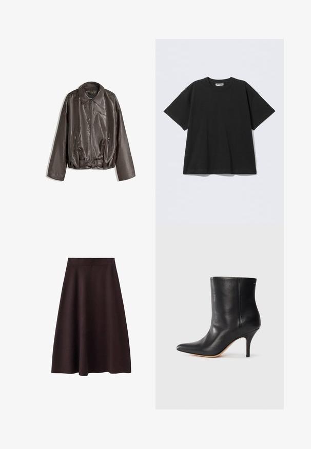 Smeđi kožni kaput s glatkom teksturom, prekomjernim krojem, ovratnikom, džepovima sa zatvaračima i pojasom u struku za dodatne detalje.; Crna prevelika majica od pamuka, s okruglim izrezom i kratkim rukavima. Jednostavan dizajn bez uzoraka ili detalja.; Tamnosmeđa, suknja A kroja do koljena s glatkom teksturom i prilagodljivim strukom. Nema vidljivih uzoraka ili akcenata. Jednostavan dizajn.; Crne kožne gležnjače s izdignutim nosom, uskim stiletto potpeticama i glatkom teksturom. Minimalistički dizajn bez vidljivih hardverskih elemenata ili ukrasa.