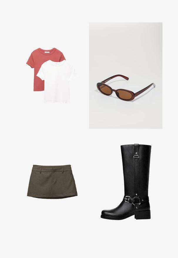Hnedá kožená bunda s hladkou textúrou, nadrozmerným strihom, golierom, zipsovými vreckami a opaskom v páse pre pridaný detail.; Dve tričká s krátkym rukávom; jedno v terakotovej farbe s okrúhlym výstrihom a jedno v bielej farbe. Obe sú vyrobené z jemného bavlneného materiálu.; Hnedá sukňa s prispôsobeným dizajnom, s pútkami na opasok, dvoma prednými vreckami a štruktúrovanou látkou. Lem je mierne zakrivený.; Vysoké čierne botas z umelého koženého materiálu s okrúhlou špičkou, detailom s prackou na opasku a hrubým podpätkom. Hladká textúra a vertikálny šev na nohavici.; Okrúhle slnečné okuliare s hnedým nádychom a lesklým burgundským rámom. Úzke ramená s jemným brandovaním. Plochej šošovky dizajn.; Hnedá tkaná kožená kabelka s voľným, trojuholníkovým tvarom. Má opletenú rúčku a zips na vrchu.