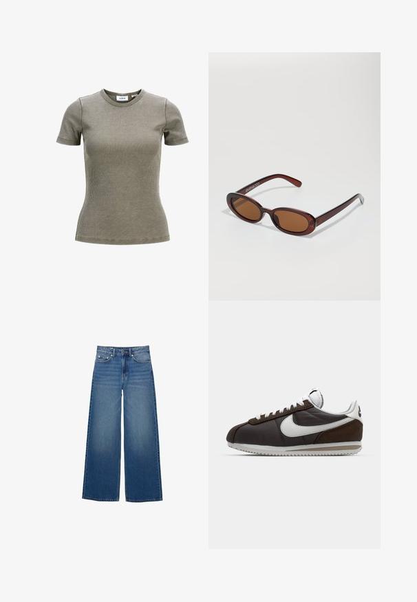 Brun læderjakke med en glat tekstur, oversized pasform, krave, lynlåslommer og en bæltestrop i taljen for ekstra detaljer.; Oliven grøn ribbet t-shirt med korte ærmer og rund halsudskæring. Har en tætsiddende design og blød tekstur. Brandlabel synlig indeni kraven.; Bredde ben blå jeans lavet af denim, med høj talje, syede detaljer og et enkelt design med en let falmende effekt.; Brune og grå Nike sneakers med hvide accenter; læder- og ruskindsmaterialer; teksturerede såler; grå snørebånd; klassisk retrodesign.; Runde, bruntonede solbriller med en glansfuld bordeauxramme. Slanke arme med diskret brandingdetalje. Flad linsedesign.; Brun vævet læderhandbag med en slasket, trekantet form. Har et flettet håndtag og en lynlåslukning langs toppen.