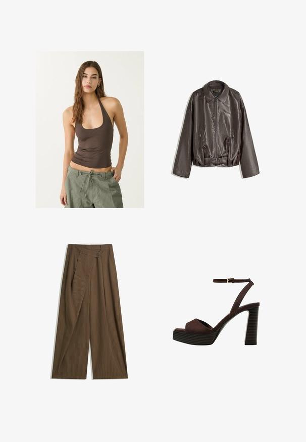 Bruine leren jas met een gladde textuur, oversized pasvorm, kraag, ritszakken en een ceintuur voor extra detail.; Bruine mouwloze top met een ronde hals en geplooide textuur, gecombineerd met olijfgroene cargo broek met trekkoord.; Bruine wijde broek met fijne witte streepjes, hoge taille, sluiting met een knop aan de voorkant en een overslagpaneel.; Bruine suède high-heeled sandaal met een open teen, verstelbare enkelband en een gestreepte plateauzool.