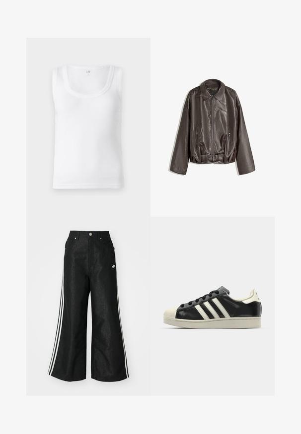 Brown leather jacket with a smooth texture, oversized fit, collar, zippered pockets, and a belted waist for added detail.; White ribbed tank top with a scoop neckline and wide straps. Made of lightweight fabric. Features a clean, simple design without embellishments.; Black wide-leg denim pants with three white stripe accents on each side and a small white logo. Features front pockets and a button closure.; Black leather sneaker with white stripes, rubber toe cap, black laces, and a cream-colored outsole. Smooth texture with shiny finish.
