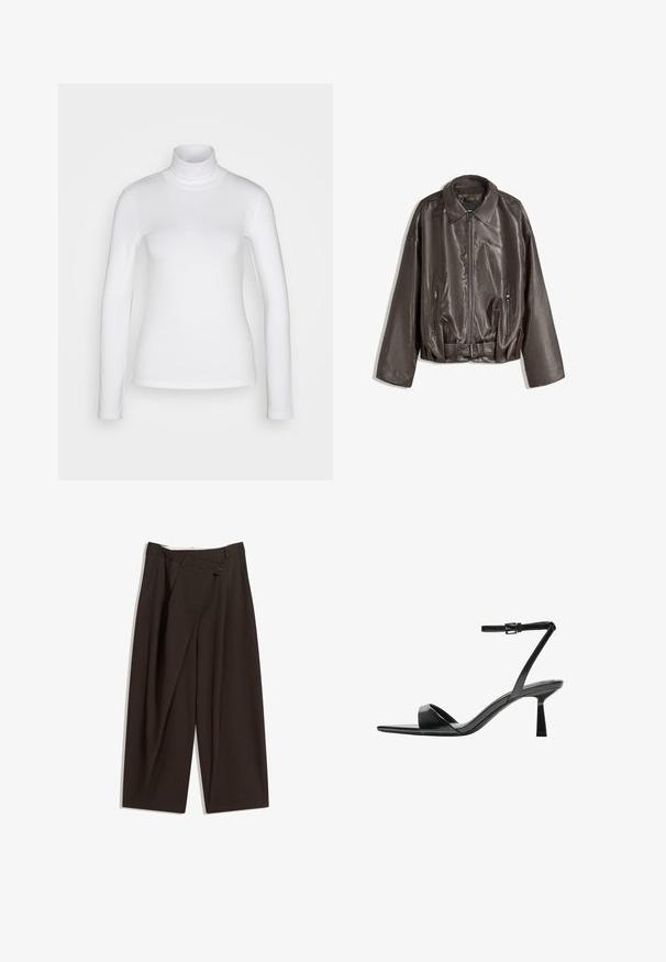 Brązowa skórzana kurtka o gładkiej fakturze, luźnym kroju, kołnierzu, kieszeniach na zamek oraz pasku w talii dla dodania szczegółów.; Biała bluzka z długim rękawem i kołnierzem typu golf wykonana z gładkiego, elastycznego materiału. Posiada dopasowany krój i wysoki kołnierz. Brak widocznych wzorów lub akcentów.; Ciemnobrązowe szerokie spodnie o wysokim stanie, z pojedynczym zapięciem na guzik i plisowanym przodem. Wykonane z lekkiego materiału.; Bershka - Sandały na obcasie