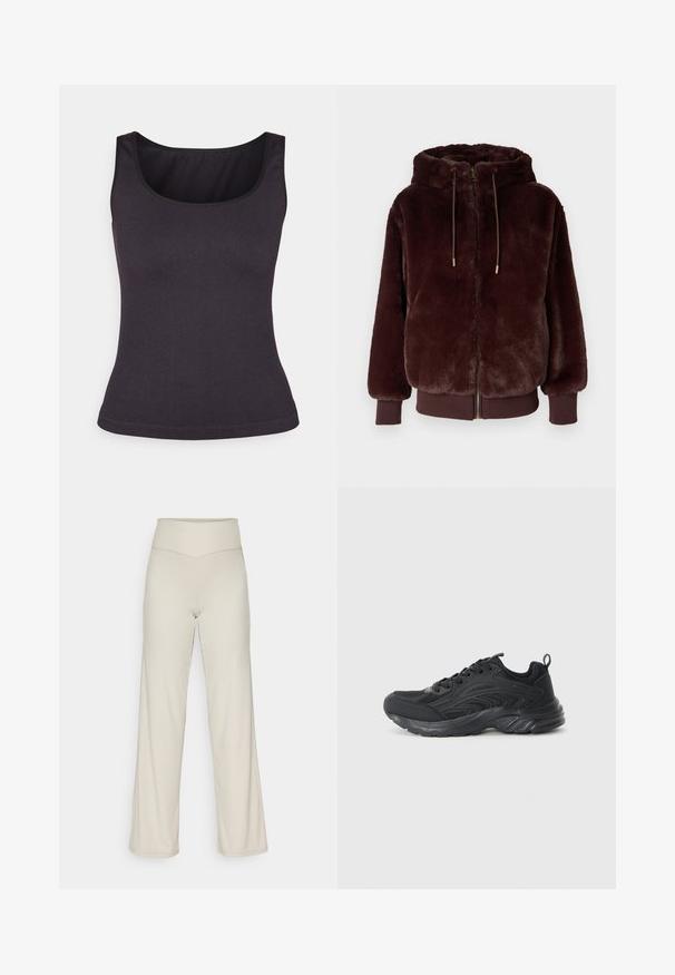 Felpa con cappuccio in finta pelliccia bordeaux, con zip frontale, cordini regolabili e polsini a costine. Texture morbida e aspetto soffice.; Canottiera a coste grigio scuro con scollo rotondo e spalline sottili, caratterizzata da un design aderente e una texture liscia.; Pantaloni beige a gamba larga con una texture a costine, vita alta e taglio dritto. Presentano una leggera spacco all'orlo.; Scarpa sportiva nera con upper in rete, dettagli texturizzati e suola ammortizzata. Presenta lacci e una linguetta sul retro per una facile calzata.