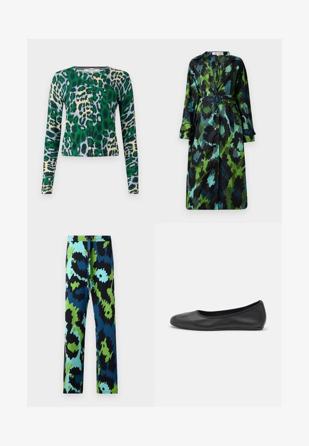 Garšs, viegls trenču mētelis ar zaļo un melno kamuflāžas rakstu, ar jostu viduklī, pogu aizdari un brīvu piegriezumu, kā arī lielām kabatām.; Zaļš, zils un bēšs leoparda raksta kardigāns, garas piedurknes, apaļa kakla izgriezums, seši pogas priekšpusē, pieguļošs dizains, gluda tekstūra.; Brīvi pieguļošs blūze ar drosmīgu abstraktu rakstu zilā, zaļā un melnā krāsā. Izgatavota no gludas auduma ar noapaļotu kakla izgriezumu un trīs ceturtdaļu piedurknēm.; Multkrāsu bikses ar drosmīgu abstraktu rakstu melnā, zilā un zaļā krāsā. Izgatavotas no gluda auduma ar savilcēju jostasvietā.; Melna ādas baleta kurpe ar noapaļotu purngalu, gludu tekstūru, minimālu šuvju detalizāciju un elastīgu zoles dizainu.