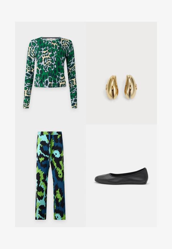 Long, lightweight trench coat featuring a green and black camo pattern, belted waist, button closure, and relaxed fit with large pockets.; Green, blue, and beige leopard print cardigan, long sleeves, round neckline, six buttons down the front, fitted design, smooth texture.; Black cotton tank top with a rounded neckline, wide shoulder straps, and a fitted silhouette. Features the brand label in white.; Multicolored pants featuring a bold abstract pattern in black, blue, and green. Made of smooth fabric with a drawstring waist.; Black leather ballet flat with a rounded toe, smooth texture, minimal stitching detail, and a flexible sole design.; Gold-tone earrings with a flowing, curved design. Each earring features a smooth surface and a small clasp with a decorative detail.