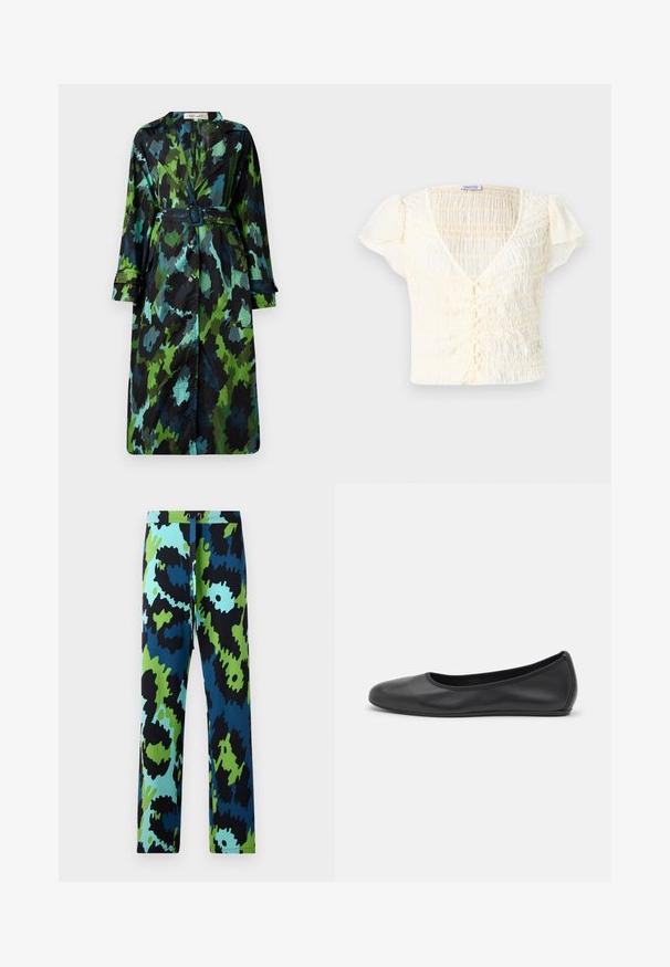 Manteau trench long et léger avec un motif camouflage vert et noir, taille ceinte, fermeture à boutons et coupe décontractée avec de grandes poches.; Haut à manches courtes crème avec une texture froncée, encolure en V et fermeture à boutons. Tissu léger avec de subtils volants aux manches.; Pantalons multicolores présentant un motif abstrait saisissant en noir, bleu et vert. Fabriqués en tissu lisse avec une taille à cordon.; Ballerines en cuir noir avec un bout rond, texture lisse, détails de couture minimalistes et design de semelle flexible.