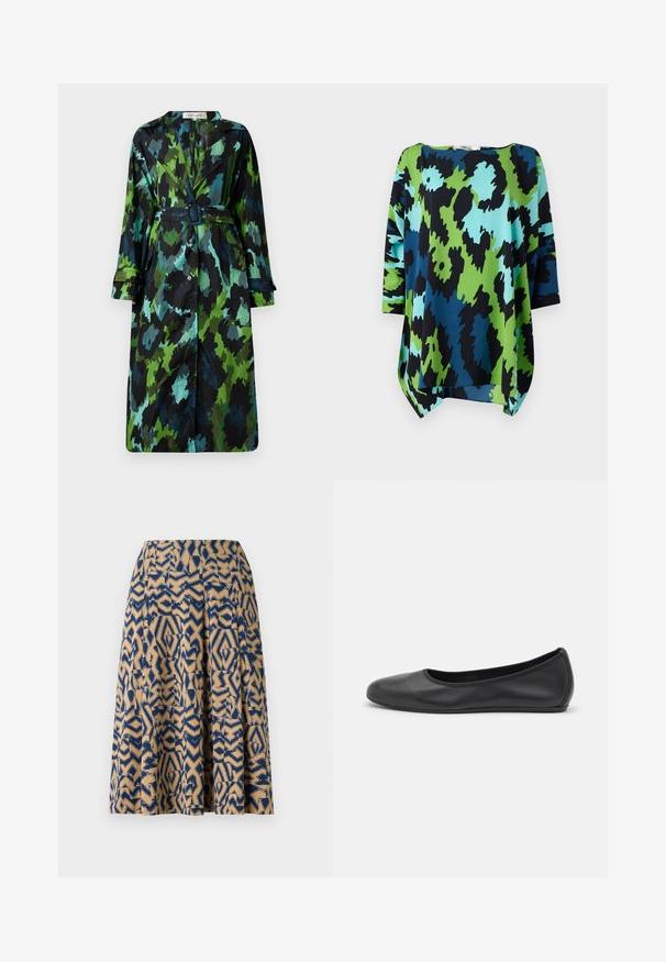 Dlouhý, lehký trenčkot s zeleno-černým maskáčovým vzorem, páskem v oblasti pasu, zapínáním na knoflíky a volným střihem s velkými kapsami.; Volnější blůza s odvážným abstraktním potiskem v modré, zelené a černé barvě. Vyrobena z hladké tkaniny, má zaoblený výstřih a tříčtvrteční rukávy.; Sukně ke kolenům s geometrickým vzorem v námořnické modři a béžové barvě, s plisováním a hladkou texturou.; Černé kožené baletní byty s kulatou špičkou, hladkou texturou, minimálními švy a flexibilním designem podrážky.