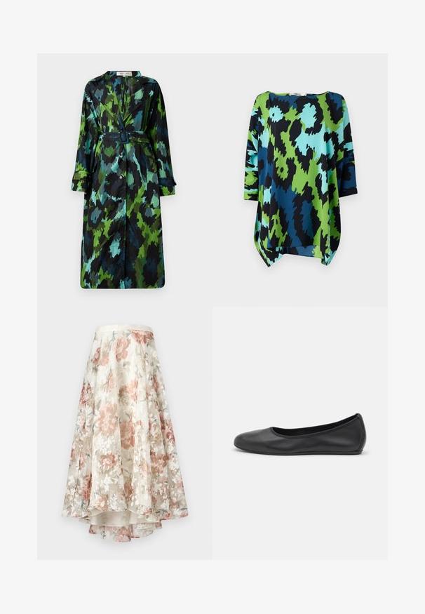 Langer, leichter Trenchcoat mit einem grün-schwarzen Tarnmuster, tailliert mit einem Gürtel, Knopfverschluss und legerer Passform mit großen Taschen.; Lässige Bluse mit einem kräftigen abstrakten Druck in Blau, Grün und Schwarz. Hergestellt aus glattem Stoff mit rundem Halsausschnitt und Dreiviertelärmeln.; Florale Midikleid aus durchsichtigem Stoff, mit asymmetrischem Saum, mit Blüten in Pastellfarben in Rosa, Weiß und Grün auf einem cremefarbenen Hintergrund.; Schwarze Leder-Ballettschuhe mit abgerundeter Spitze, glatter Textur, minimalen Nähdetails und einem flexiblen Sohlen-Design.