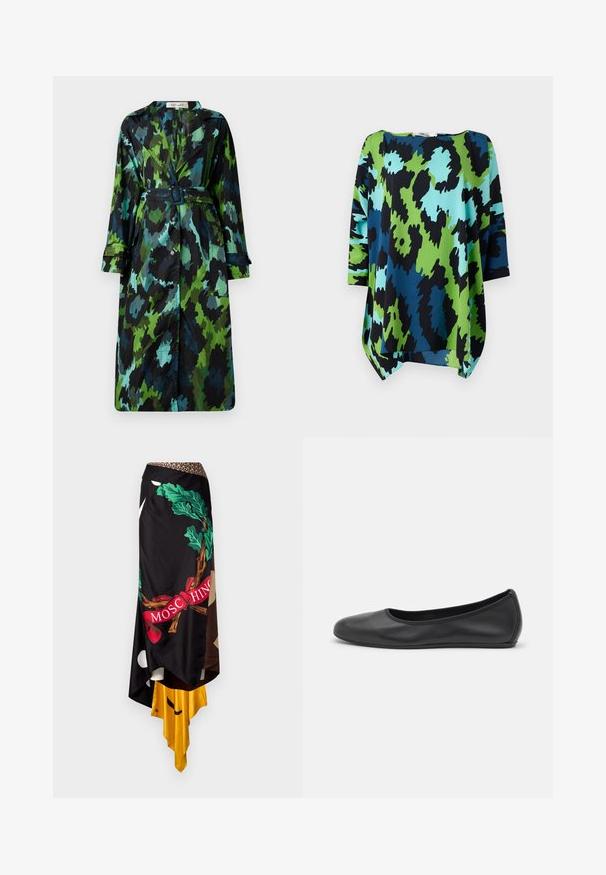 Hosszú, könnyű trench coat, zöld és fekete kamuflázs mintával, övvel a deréknál, gombos záródással és laza szabással, nagy zsebekkel.; Laza illeszkedésű blúz, amely merész absztrakt mintával rendelkezik kék, zöld és fekete színekben. Simává szőtt anyagból készült, lekerekített nyakkivágással és háromnegyedes ujjakkal.; Fekete aszimmetrikus szoknya merész zöld és piros mintákkal, barna derékkal és kontrasztos sárga szegéllyel. Sima, textúrált anyag.; Fekete bőr balettcipő lekerekített orral, sima tekstúrával, minimális varrással és rugalmas talp kialakítással.