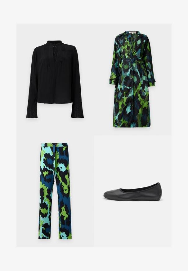 Long, lightweight trench coat featuring a green and black camo pattern, belted waist, button closure, and relaxed fit with large pockets.; Black blouse with long sleeves, a collarless design, pleated front, and detailed cuffs featuring intricate embellishments. Smooth texture.; Multicolored pants featuring a bold abstract pattern in black, blue, and green. Made of smooth fabric with a drawstring waist.; Black leather ballet flat with a rounded toe, smooth texture, minimal stitching detail, and a flexible sole design.