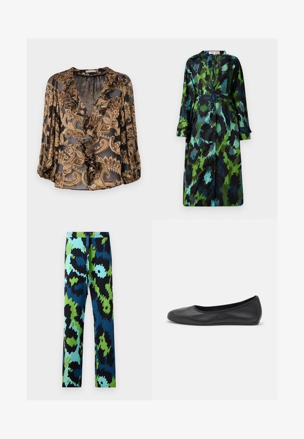 Pikk, kerge trench coat, millel on roheline ja must kamuflaažimuster, vöökoht, nupunaine ja lõdva istuvusega suurte taskutega.; Must kärgiga paisleemustriga pluus volangidega V-kaelusega, kolmeveerandvarrukatega ja läbipaistva tekstuuriga, omades laia lõiget ja keerukat mustrit.; Mitmevärvilised püksid, millel on julge abstraktne muster musta, sinise ja rohelise värviga. Valmistatud siledast kangast ja paelaga vööst.; Musthave mustika tantsutossud mustast nahast, ümmarguse varbaga, siledast tekstuurist, minimaalse õmblusdetailiga ja paindliku tallakujundusega.