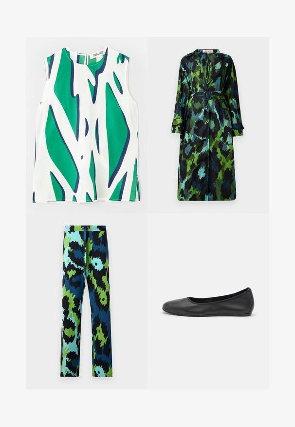 Długi, lekki płaszcz trench w zielono-czarny wzór camo, z paskiem w talii, zapięciem na guziki oraz luźnym krojem i dużymi kieszeniami.; Bez rękawów top z lekkiego materiału, z wyraźnym zielonym i granatowym abstrakcyjnym wzorem na białym tle. Okrągły dekolt z rozcięciem z tyłu.; Wielokolorowe spodnie z odważnym abstrakcyjnym wzorem w kolorach czarnym, niebieskim i zielonym. Wykonane z gładkiego materiału, wyposażone w elastyczny pas ze sznurkiem.; Czarne skórzane baletki z zaokrąglonym noskiem, gładką fakturą, minimalnymi przeszyciami i elastycznym designem podeszwy.