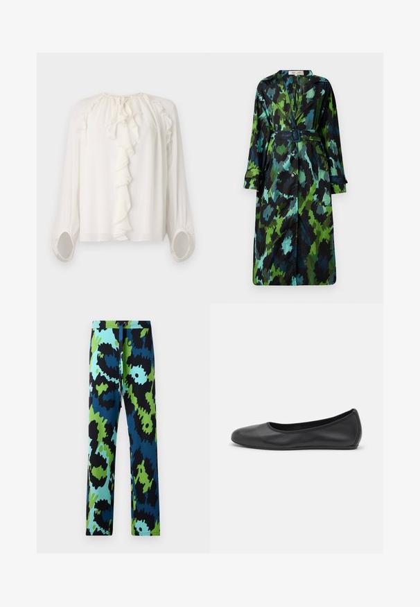 Lang, let trenchcoat med et grønt og sort camouflage mønster, bælte om taljen, knaplukning og afslappet pasform med store lommer.; Hvid, langærmet bluse med en flæsekrave og flæser ved ærmerne. Blødt, let stof med samlet detaljer ved skuldre og ærmer.; Multifarvede bukser med et dristigt abstrakt mønster i sort, blå og grøn. Fremstillet af glat materiale med snor i taljen.; Sort læderballetsko med rund tå, glat tekstur, minimal syning og et fleksibelt såldesign.