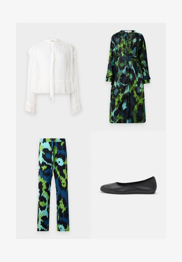 Pitkä, kevyt trench-takki, jossa on vihreä ja musta kamokuosi, vyöllinen vyötärö, nappikiinnitys ja rento malli, jossa on isot taskut.; Valkoisa, pitkähihainen paita kevyestä kankaasta. Sisältää röyhelökauluksen ja hihansuut, sekä nauhatyylin edessä. Lyhennetty muoto.; Moniväriset housut, joissa on rohkea abstrakti kuvio mustassa, sinisessä ja vihreässä. Valmistettu sileästä kankaasta, jossa on nyöri vyötäröllä.; Musta nahkainen ballerina, jossa on pyöristetty kärki, sileä pinta, minimaalinen ommelkoristelu ja joustava pohjamuotoilu.