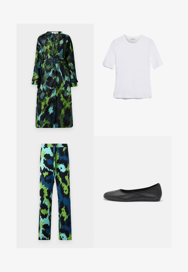 Dlhý, ľahký trenčkot s zeleno-čiernym maskáčovým vzorom, opasok v páse, zapínanie na gombíky a voľný strih s veľkými vreckami.; Biela krátka tričko s krátkymi rukávmi vyrobené z rebrovanej látky. Klasický okrúhly výstrih, bežný strih a jemné švy. Bez vzorov alebo grafiky.; Pestrofarebné nohavice so značným abstraktným vzorom v čiernej, modrej a zelenej farbe. Vyrobené z hladkej látky s viazaním na páse.; Čierne kožené baleríny s okrúhlou špičkou, hladkým povrchom, minimálnym prešívaním a flexibilným dizajnom podrážky.