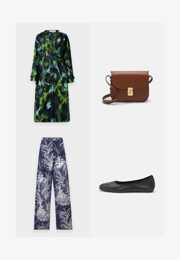 Dolg, lahk trenč plašč z zeleno in črno kamuflažno vzorcem, z naramnicami, gumbastim zapiranjem in sproščenim prilegom ter velikimi žepi.; Bela kratka majica s kratkimi rokavi iz rebrastega materiala. Okrogla ovratnica, običajen kroj in subtilni šivi. Brez vzorcev ali grafik.; Mornarske široke hlače z belim printom palmovega lista, strukturiranim pasom in mehkim tekstilom. Opremljene z teksturiranimi detajli po celotni površini.; Črne usnjene balerinke z zaobljenim nosom, gladko teksturo, minimalnimi šivi in fleksibilno zasnovo podplata.; Rjava usnjena torbica s poklopcem, zlato obarvani okovi, naramnica in gladka tekstura. Kompaktna pravokotna oblika.