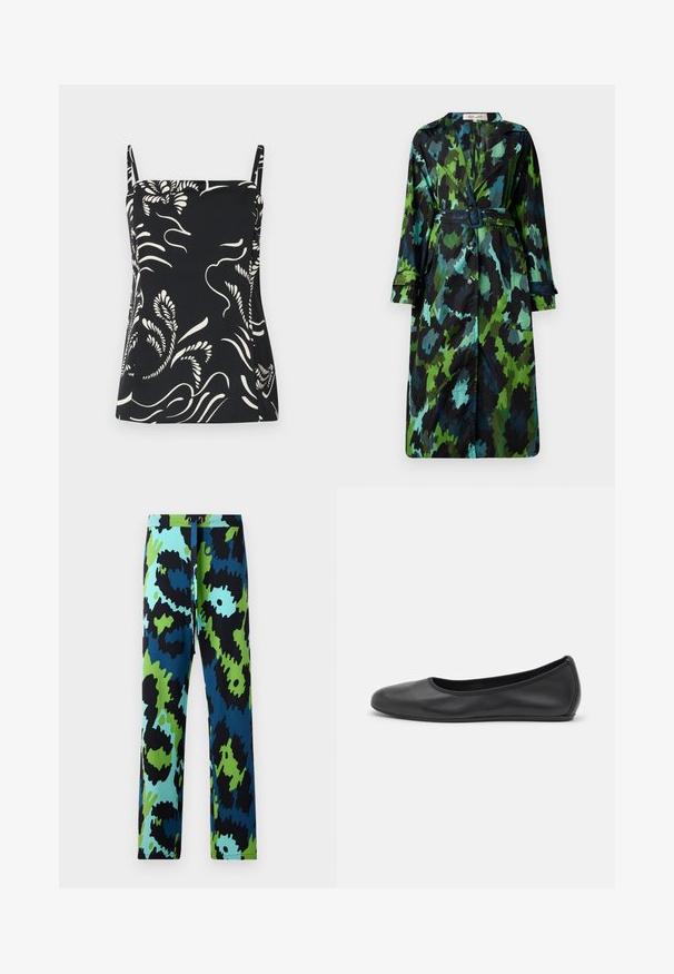 Garšs, viegls trenču mētelis ar zaļo un melno kamuflāžas rakstu, ar jostu viduklī, pogu aizdari un brīvu piegriezumu, kā arī lielām kabatām.; Melnā bez piedurknēm augšdaļa ar baltu ziedu rakstu, ar plānām siksnām un nedaudz izplešamu dizainu. Gluda auduma virsma ar mīkstu tekstūru.; Brīvi pieguļošs blūze ar drosmīgu abstraktu rakstu zilā, zaļā un melnā krāsā. Izgatavota no gludas auduma ar noapaļotu kakla izgriezumu un trīs ceturtdaļu piedurknēm.; Multkrāsu bikses ar drosmīgu abstraktu rakstu melnā, zilā un zaļā krāsā. Izgatavotas no gluda auduma ar savilcēju jostasvietā.; Melna ādas baleta kurpe ar noapaļotu purngalu, gludu tekstūru, minimālu šuvju detalizāciju un elastīgu zoles dizainu.