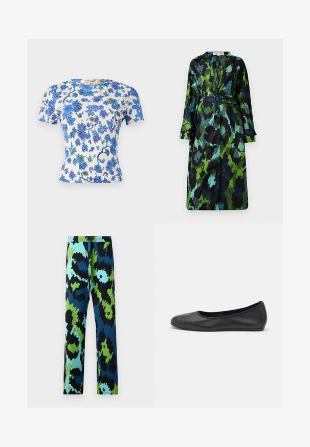 Pikk, kerge trench coat, millel on roheline ja must kamuflaažimuster, vöökoht, nupunaine ja lõdva istuvusega suurte taskutega.; Lühikesed varrukad t-särk kergest kangast, millel on lillemuster sinise ja rohelisega valgel taustal ning keha lähedal sobiv siluett.; Mitmevärvilised püksid, millel on julge abstraktne muster musta, sinise ja rohelise värviga. Valmistatud siledast kangast ja paelaga vööst.; Musthave mustika tantsutossud mustast nahast, ümmarguse varbaga, siledast tekstuurist, minimaalse õmblusdetailiga ja paindliku tallakujundusega.