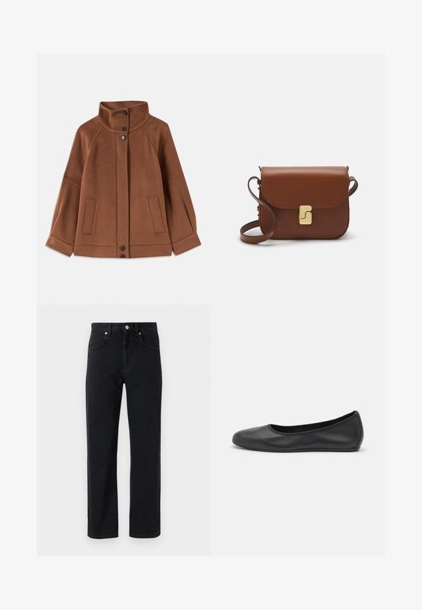 Giacca in misto lana marrone con colletto alto, chiusura a tre bottoni e due tasche frontali; presenta maniche raglan e cuciture semplici.; Camicia nera con bottoni e maniche corte, caratterizzata da un motivo a righe, colletto alla francese e chiusura frontale con bottoni. Tessuto liscio, vestibilità comoda.; Jeans in denim nero con taglio dritto, design a cinque tasche, dettagli in bottone di rame e cuciture minime visibili.; Pantofole da balletto nere in pelle con punta arrotondata, texture liscia, dettagli di cucitura minimi e design con suola flessibile.; Borsa a tracolla in pelle marrone con chiusura a pattina, hardware color oro, tracolla e una finitura liscia. Forma rettangolare compatta.