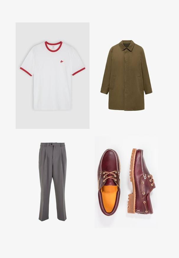 Olive green, knee-length coat made of smooth fabric, featuring a collared neck, hidden front placket, and two side pockets.; Olive green knit sweater featuring a round neckline, ribbed cuffs, and hem, with a small embroidered logo on the left chest.; White cotton t-shirt with red ribbed collar and cuffs, featuring a small red embroidered horse logo on the left chest.; Gray pleated trousers made of smooth fabric, featuring a straight cut, a single button closure, and belt loops. Minimalist design.; Burgundy leather shoes with brown rubber soles, round toe, white stitching, and gold eyelets. Interior features a yellow lining.