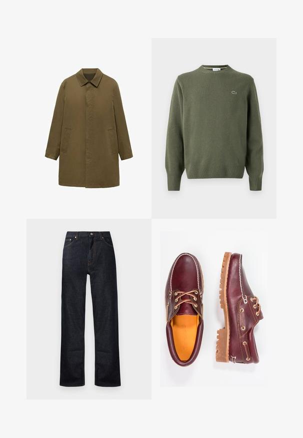 Olivově zelený, kabát do kolen vyrobený z hladké tkaniny, s límečkem, skrytým předním zapínáním a dvěma bočními kapsami.; Olivově zelený pletený svetr s kulatým výstřihem, žebrovanými manžetami a lemem, s malým vyšitým logem na levé hrudi.; Tmavě modré denimové džíny se rovnými nohavicemi, pěti kapsami a oranžovým prošitím. Kovová knoflíková a zipová spona.; Burgundské kožené boty s hnědými gumovými podrážkami, kulatou špičkou, bílým prošíváním a zlatými očky. Interiér obsahuje žlutou podšívku.