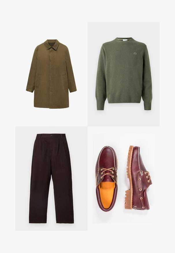 Manteau vert olive, longueur genoux, fabriqué en tissu lisse, doté d'un col, d'une patte de boutonnage cachée à l'avant et de deux poches latérales.; Pull en tricot vert olive avec un col rond, des poignets et un ourlet côtelés, et un petit logo brodé sur la poitrine gauche.; Pantalon plissé marron foncé avec fermeture à bouton, fabriqué en coton doux. Il présente des jambes droites et une texture subtile.; Chaussures en cuir bourgogne avec semelles en caoutchouc marron, bout rond, couture blanche et œillets dorés. L'intérieur présente une doublure jaune.