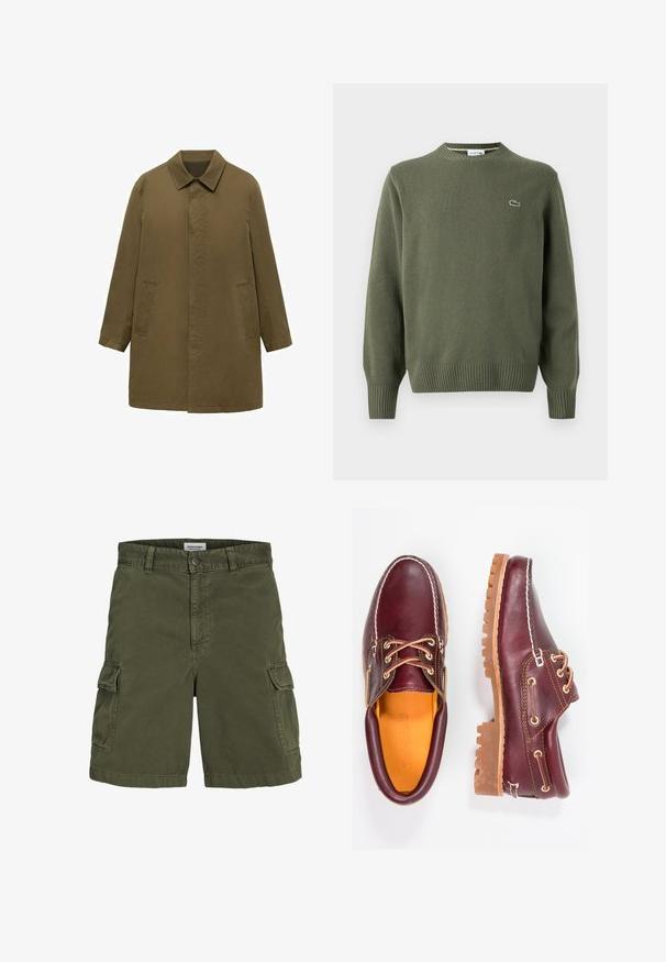 Olivgrüner, knielanger Mantel aus glattem Stoff, mit Kragen, verdeckter Knopfleiste und zwei seitlichen Taschen.; Olivgrüner Strickpullover mit Rundhalsausschnitt, gerippten Bündchen und Saum sowie einem kleinen gestickten Logo auf der linken Brust.; Olivengrüne Cargo-Shorts aus Baumwolle, mit einem Reißverschluss, Gürtelschlaufen, seitlichen Taschen und einem geraden Schnitt.; Bordeauxfarbene Lederschuhe mit braunen Gummisohlen, runder Zehenform, weißen Nähten und goldenen Ösen. Das Innenfutter weist eine gelbe Beschichtung auf.