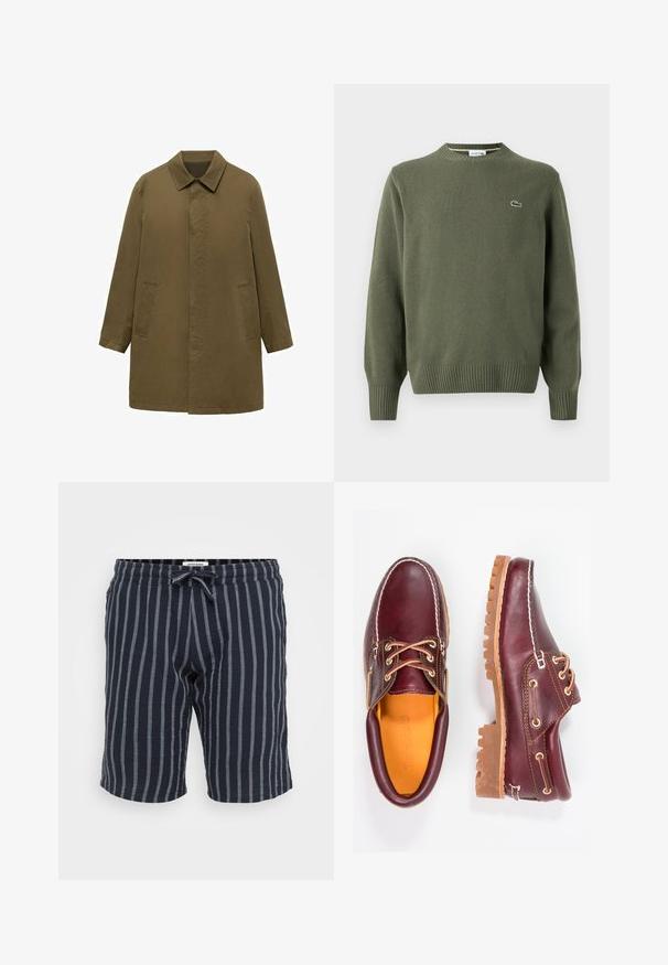 Cappotto verde oliva, lungo fino al ginocchio, realizzato in tessuto liscio, con colletto, placca frontale nascosta e due tasche laterali.; Maglione a maglia verde oliva con scollo rotondo, polsini e orlo a costine, e un piccolo logo ricamato sul lato sinistro del petto.; Pantaloni corti rigati blu navy realizzati in tessuto leggero, con vita elastica e cordino, e righe verticali azzurro chiaro.; Scarpe in pelle bordeaux con suole in gomma marrone, punta rotonda, cuciture bianche e occhielli dorati. L'interno presenta un rivestimento giallo.