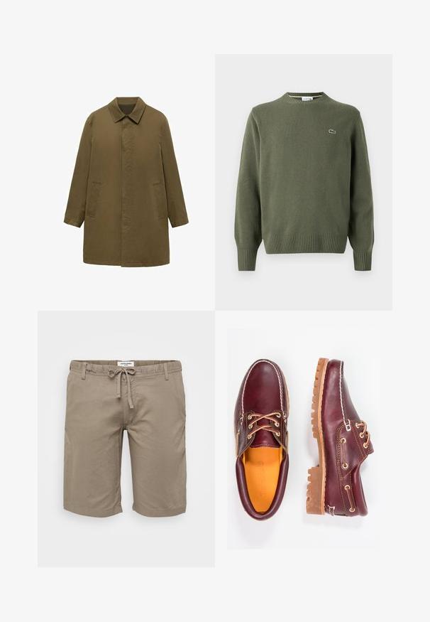 Olive green, knee-length coat made of smooth fabric, featuring a collared neck, hidden front placket, and two side pockets.; Olive green knit sweater featuring a round neckline, ribbed cuffs, and hem, with a small embroidered logo on the left chest.; Tan cotton shorts featuring an elastic waistband with drawstring, side pockets, and a straight cut. Smooth texture and minimal design.; Burgundy leather shoes with brown rubber soles, round toe, white stitching, and gold eyelets. Interior features a yellow lining.