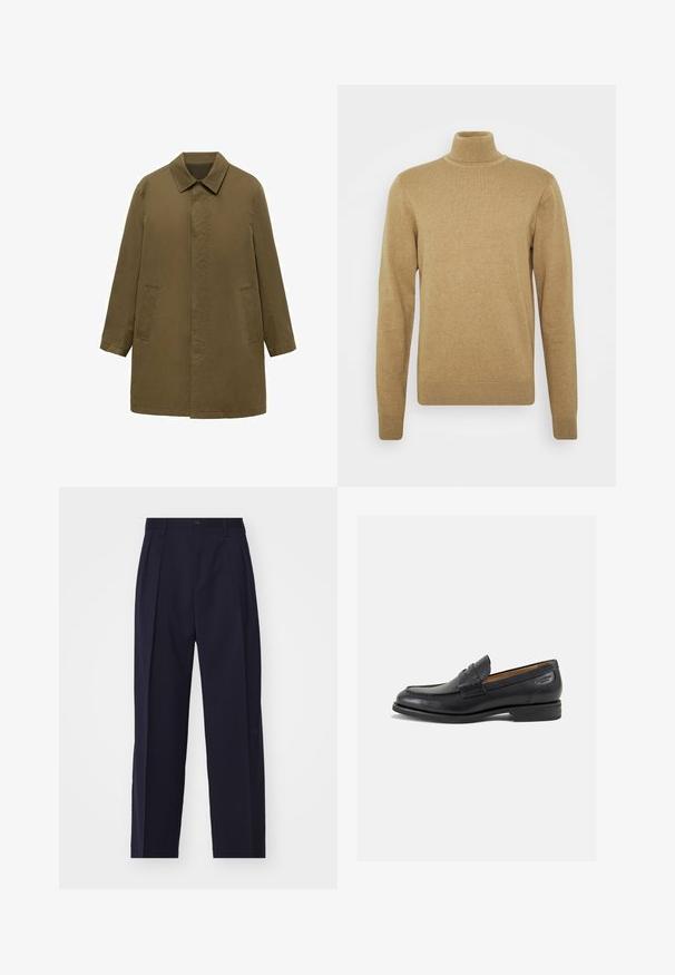 Olijfgroene, knielange jas van een soepel weefsel, met een kraag, verborgen sluiting aan de voorkant en twee zijzakken.; Beige coltrui gemaakt van zachte gebreide stof. Kenmerken zijn lange mouwen en een aansluitend ontwerp. Geribbelde zoom en kraagaccenten.; Marineblauwe, op maat gemaakte broek met een rechte pijpdesign, plooien aan de voorkant, knoopsluiting en geen zichtbare zakken. Soepele stoftextuur.; Zwarte leren loafers met een gladde afwerking, ronde neus en decoratieve stiksels op de wreef. Lage gestapelde hak en een lichte glans.