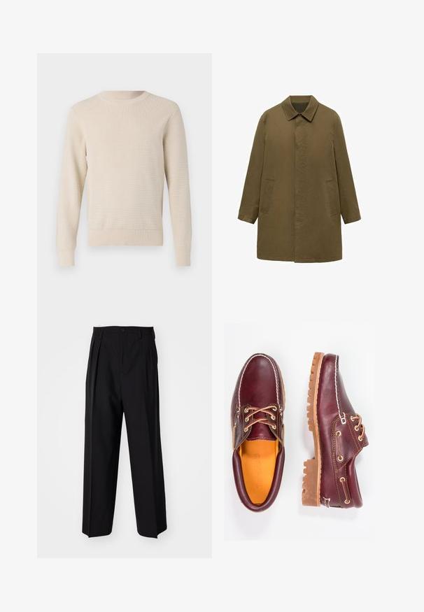 Maslinasto zeleni kaput do koljena izrađen od glatkog materijala, s ovratnikom, skrivenim prednjim kopčanjem i dva bočna džepa.; Bežani pleteni pulover s teksturiranim uzorkom, okruglim izrezom i rebrastim završecima rukava i donjeg dijela. Klasičan kroj s dugim rukavima.; Crne plisirane hlače s ravnim širokim nogavicama. Izrađene od glatkog materijala, s dugmadi za zatvaranje i petljama za remen.; Burgundske kožne cipele s smešnim gumenim potplatima, okruglim vrhom, bijelim šavovima i zlatnim rupama za vezivanje. Unutrašnjost ima žutu podstavu.