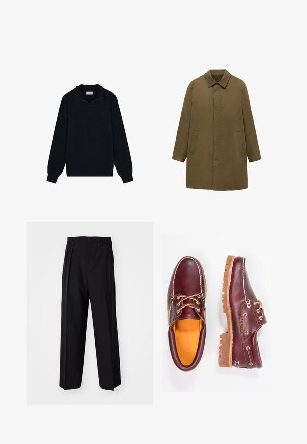 Olivgrön, knä-lång kappa gjord av slät tyg, med krage, dold framknäppning och två sidofickor.; Svart zip-up tröja gjord av mjukt material, med krage, långa ärmar och en subtil logodetalj på bröstet.; Svarta plisserade byxor med en rak, bred bendesign. Tillverkade av ett slätt tyg, med knäppning fram och bälteshällor.; Burgundy läderskor med bruna gummisulor, rund tå, vit söm och gyllene öljetter. Inredningen har en gul foder.