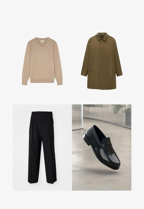 Manteau vert olive, longueur genoux, fabriqué en tissu lisse, doté d'un col, d'une patte de boutonnage cachée à l'avant et de deux poches latérales.; Pull en v beige en tissu doux. Manches longues avec des poignets côtelés. Petit logo sur la poitrine. Texture lisse, design décontracté.; Pantalons plissés noirs avec un design droit et large. Fabriqués en tissu lisse, avec une fermeture à bouton et des passants de ceinture.; Mocassins en cuir noir à finition lisse, bout arrondi, coutures décoratives et semelle extérieure légèrement surélevée.