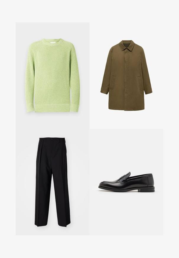 Olive green, knee-length coat made of smooth fabric, featuring a collared neck, hidden front placket, and two side pockets.; Light green knitted crewneck sweater with long sleeves and ribbed cuffs and hem on a plain white background.; Black pleated trousers with a straight, wide-leg design. Made from smooth fabric, featuring a button closure and belt loops.; Black leather loafers with a smooth texture, rounded toe, and a decorative strap across the vamp. Low stacked heel, minimalist design.