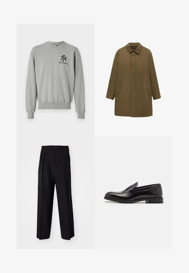 Olivově zelený, kabát do kolen vyrobený z hladké tkaniny, s límečkem, skrytým předním zapínáním a dvěma bočními kapsami.; Šedá mikina s kulatým výstřihem, žebrovanými manžetami a lemem. Obsahuje černé grafiky: "R" a "No Problemo" na levé části hrudi.; Černé skládací kalhoty s rovnými, širokými nohavicemi. Vyrobené z hladké tkaniny, se zapínáním na knoflík a poutky na opasek.; Černé kožené polobotky s hladkou texturou, zaoblenou špičkou a zdobným páskem přes nárt. Nízký stohovaný podpatek, minimalistický design.