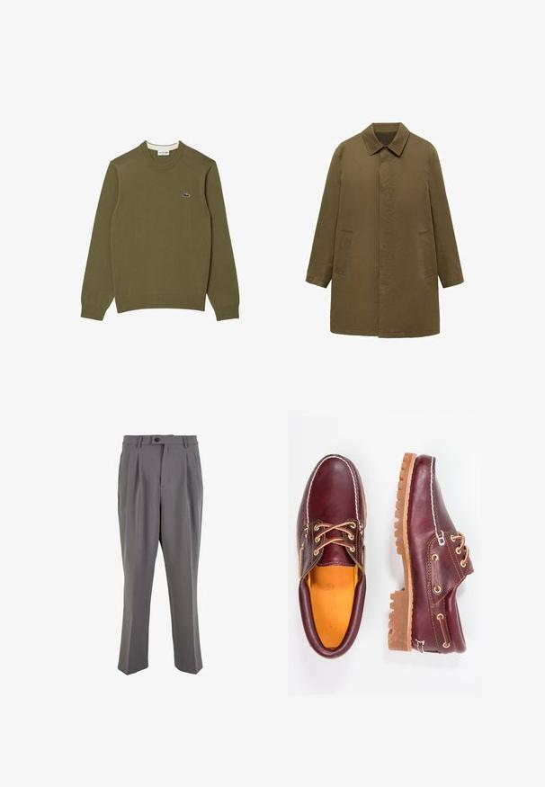 Oliwkowy, sięgający do kolan płaszcz wykonany z gładkiego materiału, z kołnierzem, ukrytą zapiętą przodu oraz dwiema bocznymi kieszeniami.; Oliwkowy sweter wykonany z miękkiego materiału, z ribbowanym okrągłym dekoltem i mankietami, z małym haftowanym logo na piersi.; Szare plisowane spodnie wykonane z gładkiego materiału, o prostym kroju, z pojedynczym zapięciem na guzik i szlufkami na pasek. Minimalistyczny design.; Bordowe skórzane buty z brązowymi gumowymi podeszwami, okrągły czubek, białe przeszycia i złote oczka. Wnętrze posiada żółtą podszewkę.
