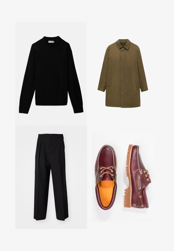 Olivgrön, knä-lång kappa gjord av slät tyg, med krage, dold framknäppning och två sidofickor.; Svart tröja med ribbad rund halsringning, långa ärmar och ett strukturerat stickmönster. Inga synliga logotyper eller utsmyckningar.; Svarta plisserade byxor med en rak, bred bendesign. Tillverkade av ett slätt tyg, med knäppning fram och bälteshällor.; Burgundy läderskor med bruna gummisulor, rund tå, vit söm och gyllene öljetter. Inredningen har en gul foder.